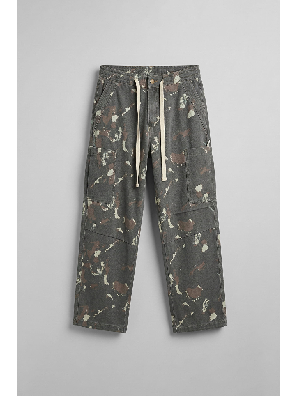 Erkek Baggy Fit Kamuflajlı Kargo Cepli Jean Pantolon Haki