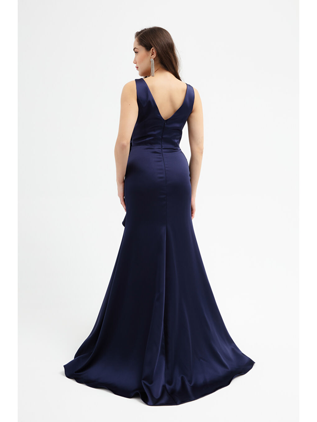 Kadın Lacivert Fırfırlı Yırtmaçlı Uzun Saten Abiye Elbise-4