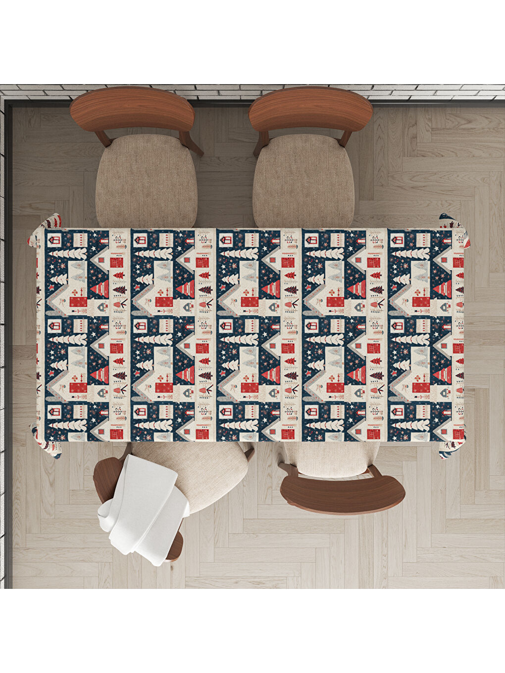 Karışık Yılbaşı Temalı Ev Desenli Dijital Baskılı Masa Örtüsü-1