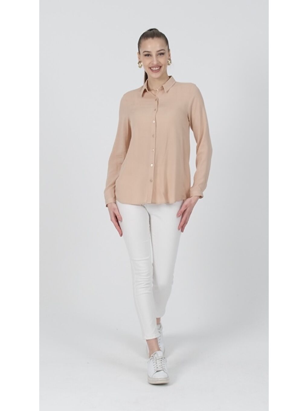 Bej Arkası Uzun Tiril Tiril Viskon Kadın Gömleği-2