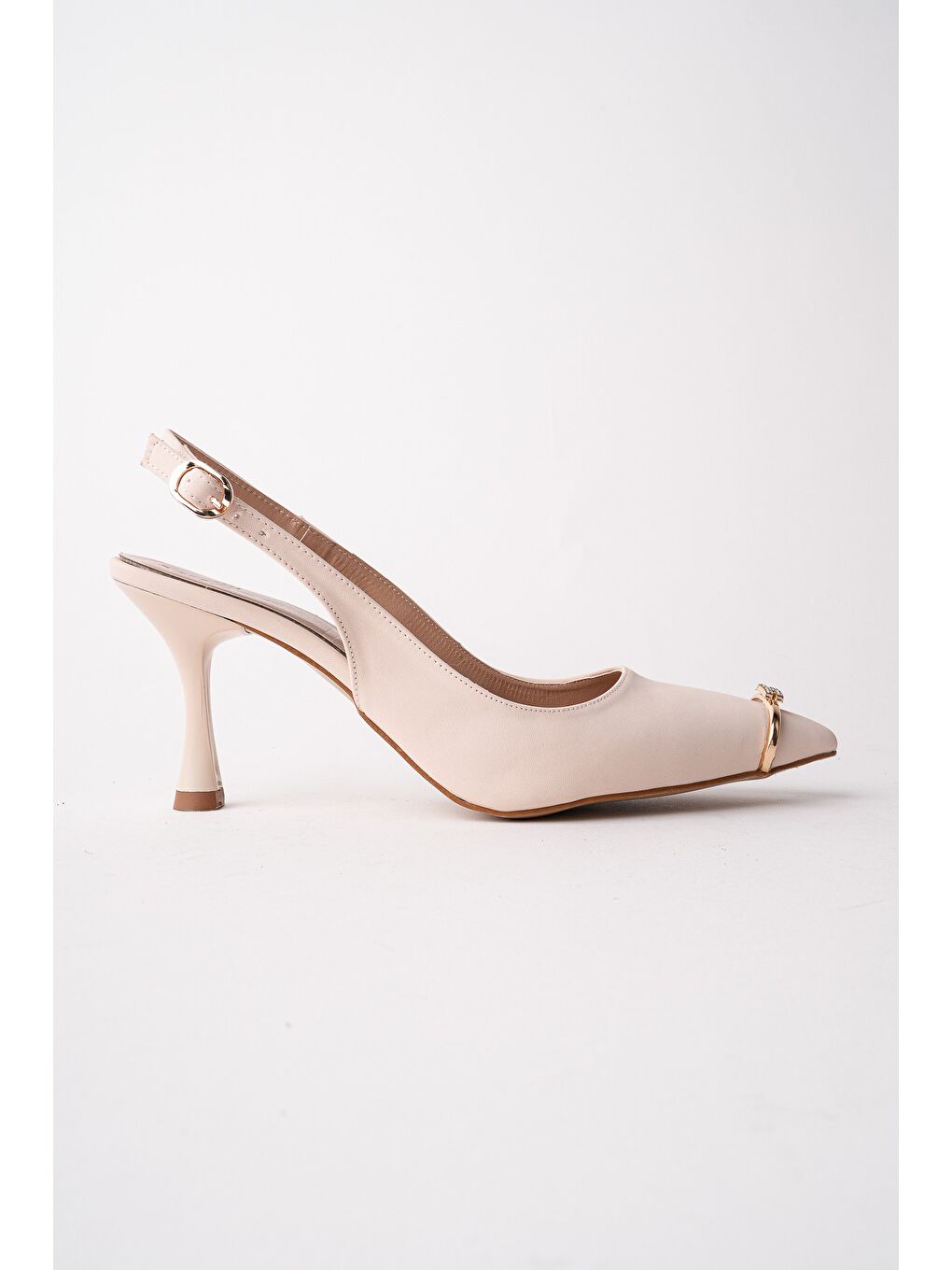 Bej OURELİA Gold Yüzük Detaylı Sivri Burun Arkası Açık Kadın Topuklu Ayakkabı