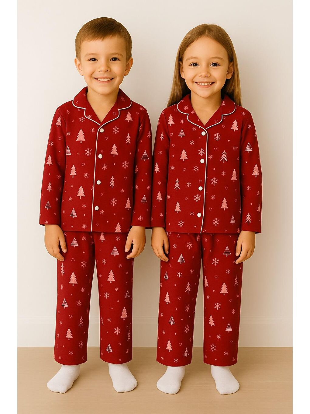 Yılbaşı Desenli Kırmızı Renk Unisex Çocuk Pijama Takımı