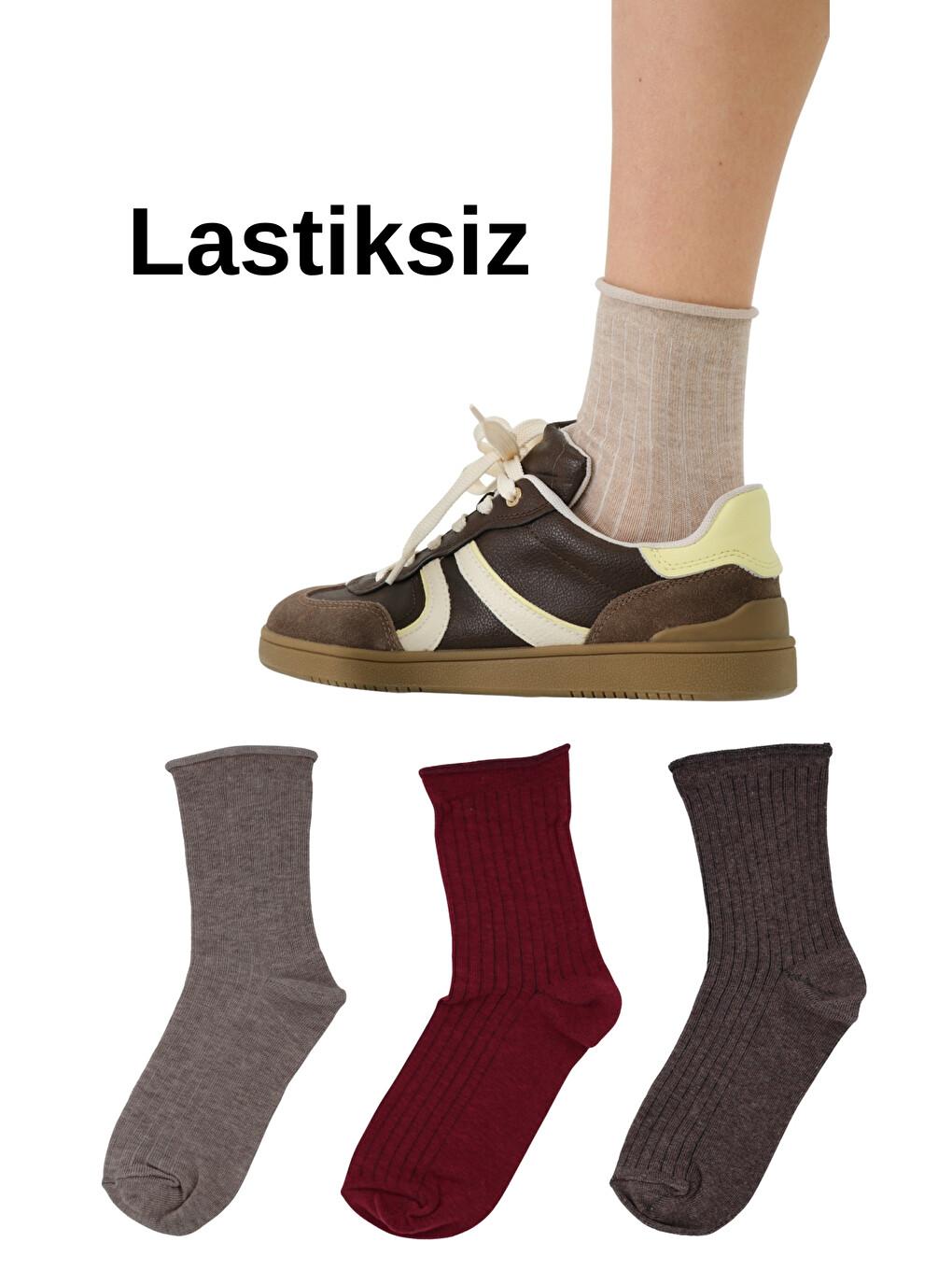 Bordo 3'lü Paket lastiksiz, Yüksek Pamuk Oranı, Yarım Konç Kadın Çorap @Lazio
