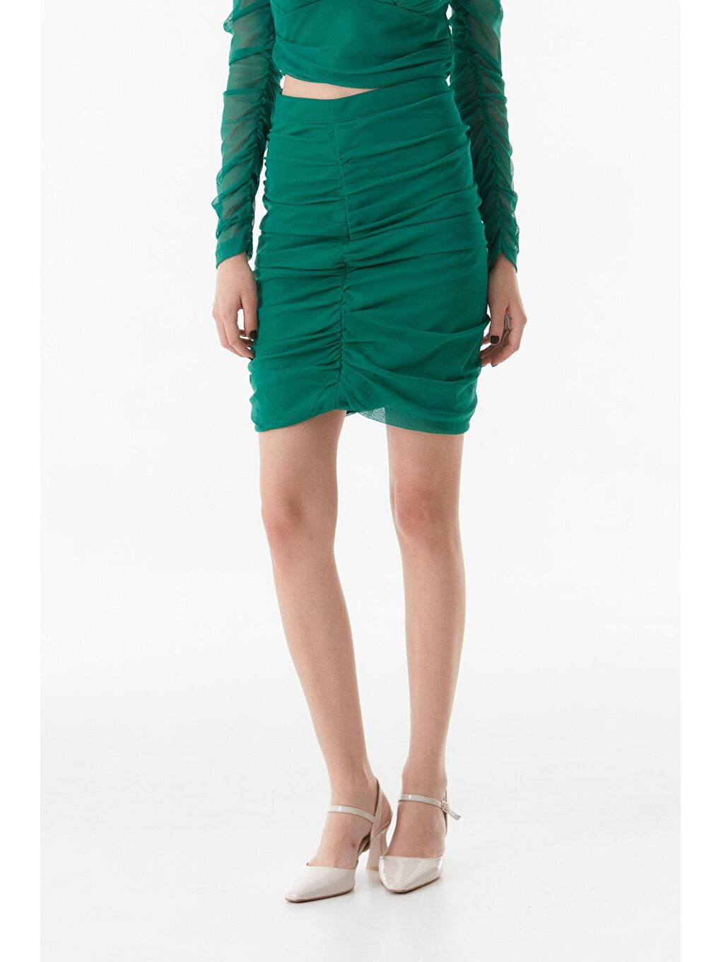 Yeşil Yanları Büzgülü Etek-4