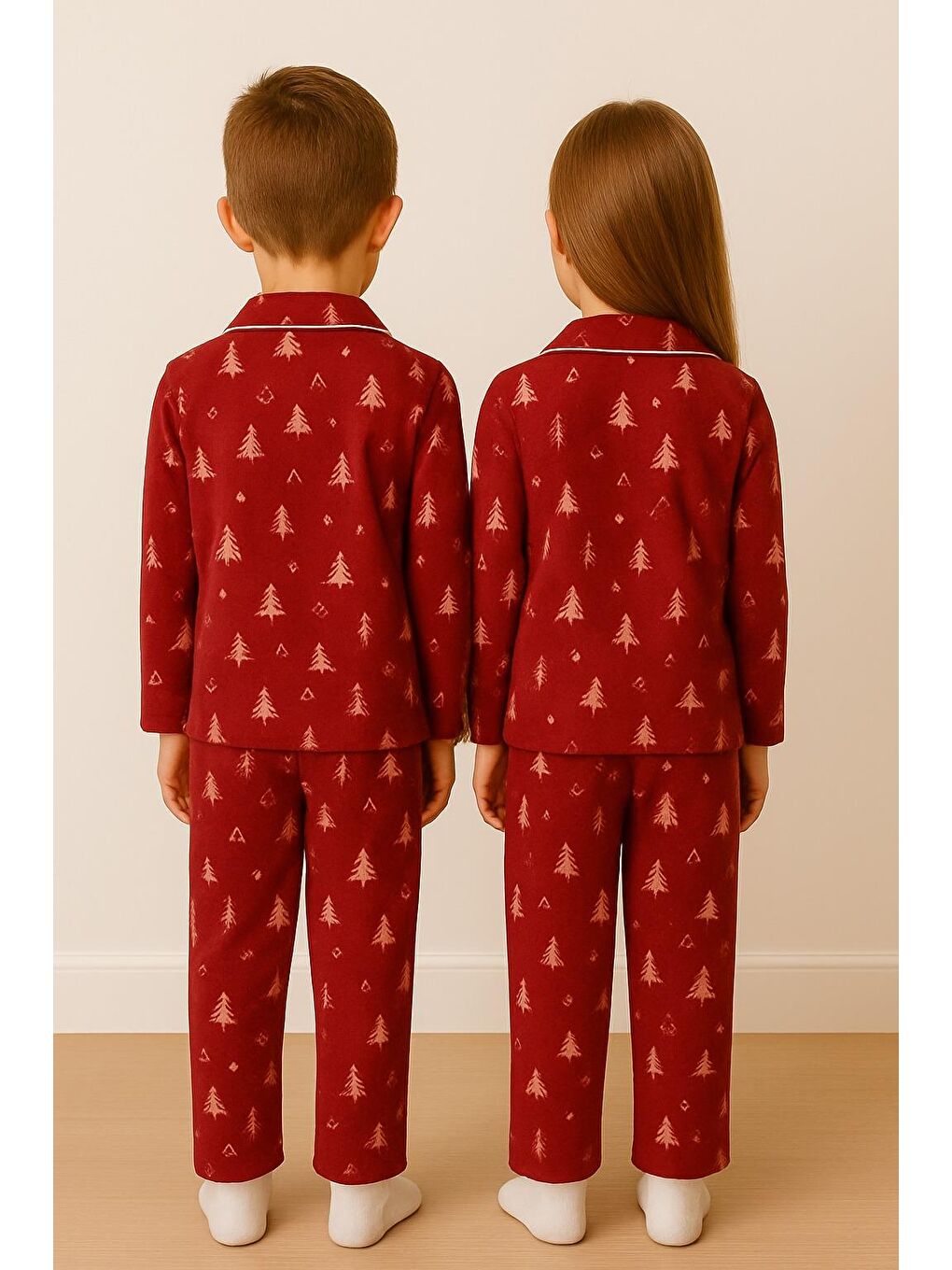 Yılbaşı Desenli Kırmızı Renk Unisex Çocuk Pijama Takımı-1