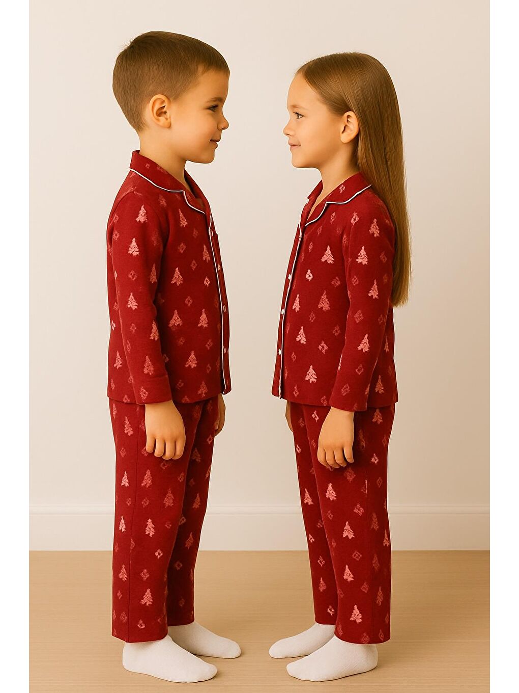 Yılbaşı Desenli Kırmızı Renk Unisex Çocuk Pijama Takımı-2