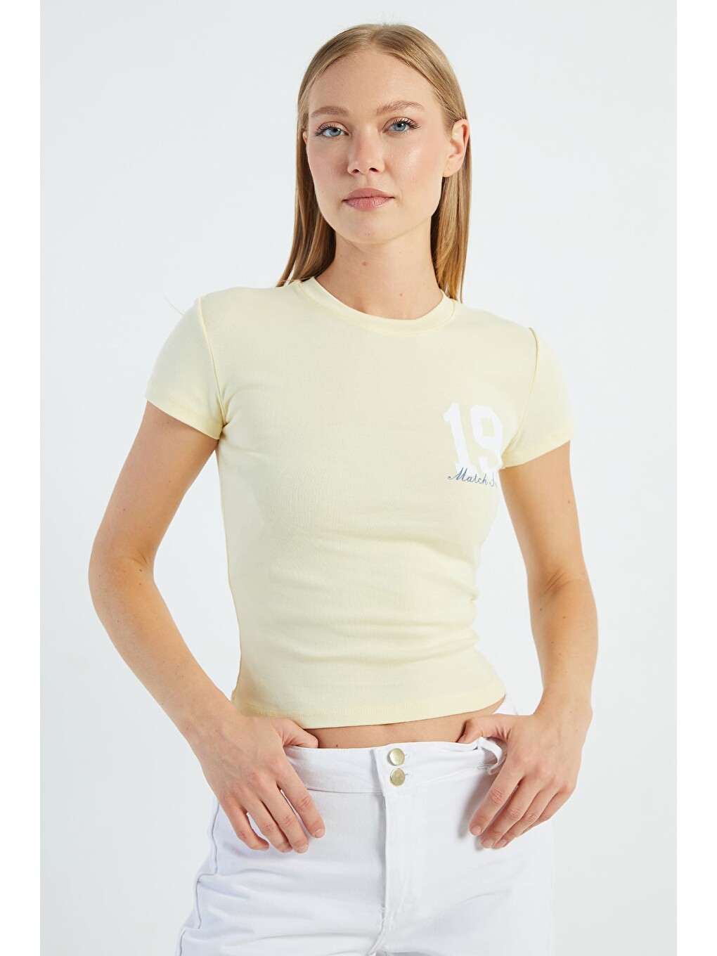 Sarı 19 Baskılı Slim Fit Tişört-3