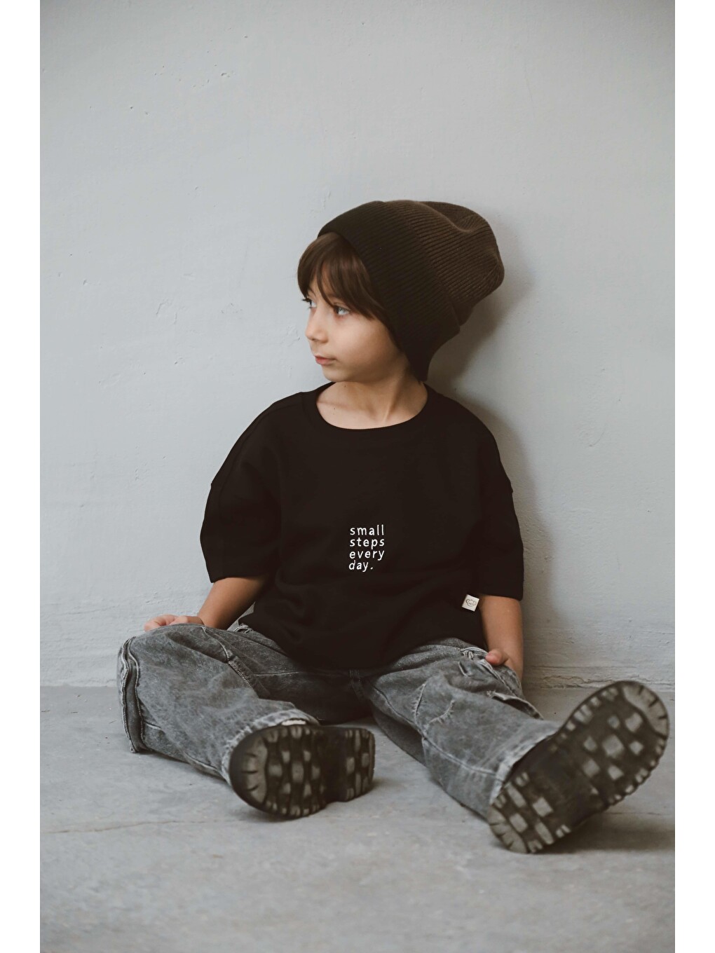 Siyah Bisiklet Yaka Oversize T-shirt Bebek - Çocuk
