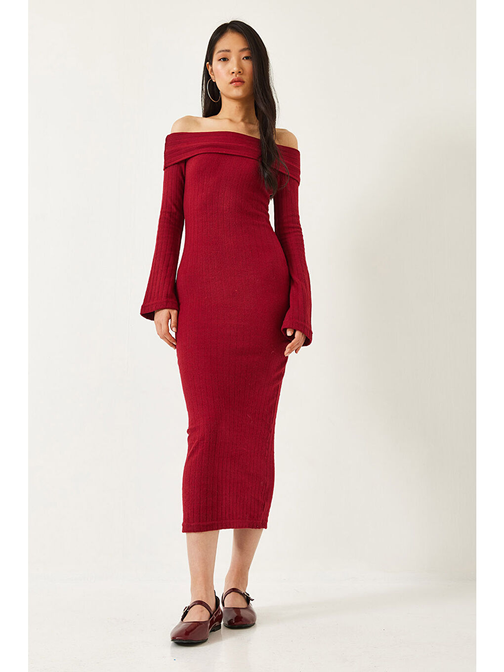 Bordo Kadın Madonna Yaka İspanyol Kol Fitilli Elbise-1