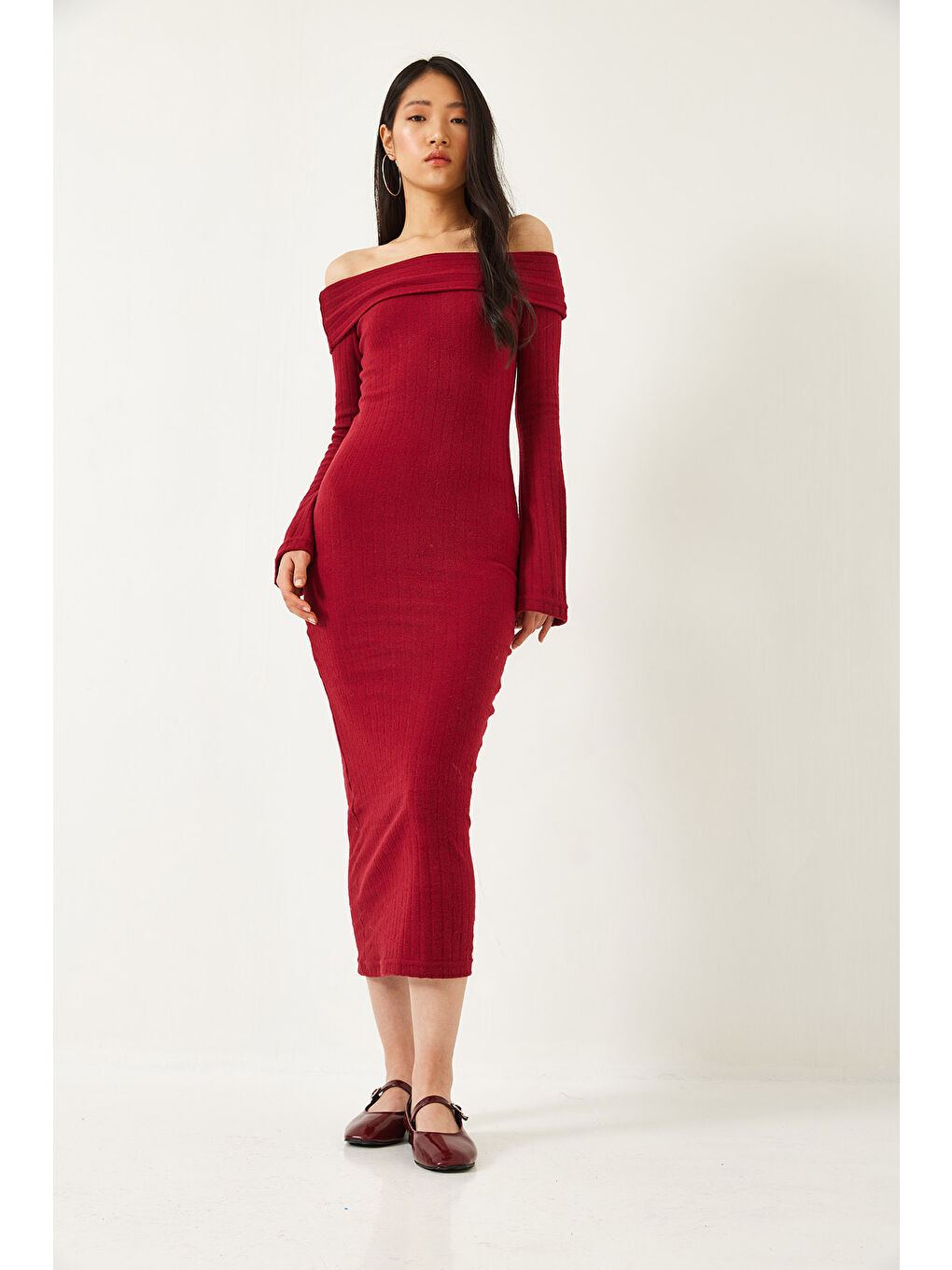 Bordo Kadın Madonna Yaka İspanyol Kol Fitilli Elbise-2