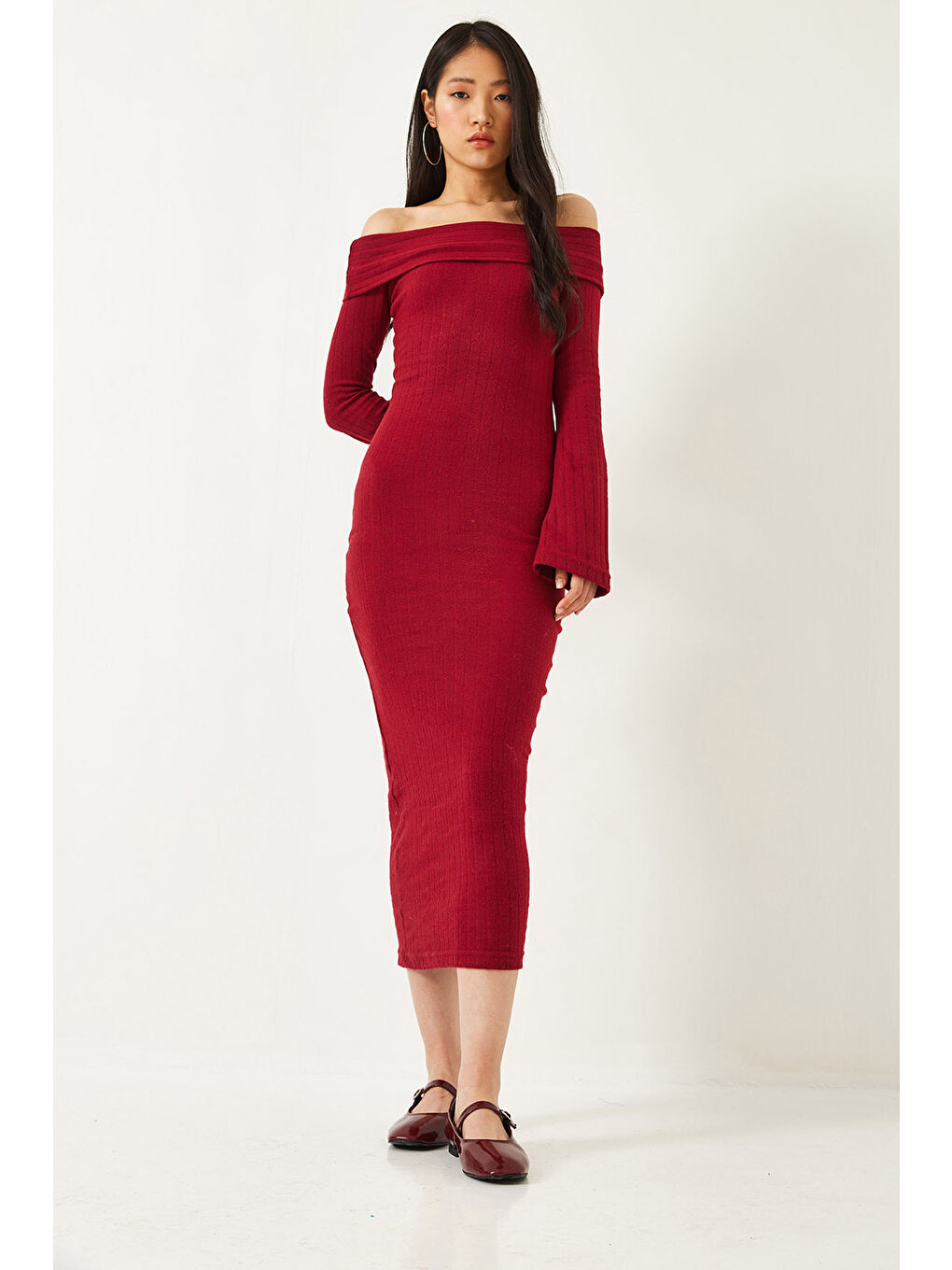 Bordo Kadın Madonna Yaka İspanyol Kol Fitilli Elbise-3