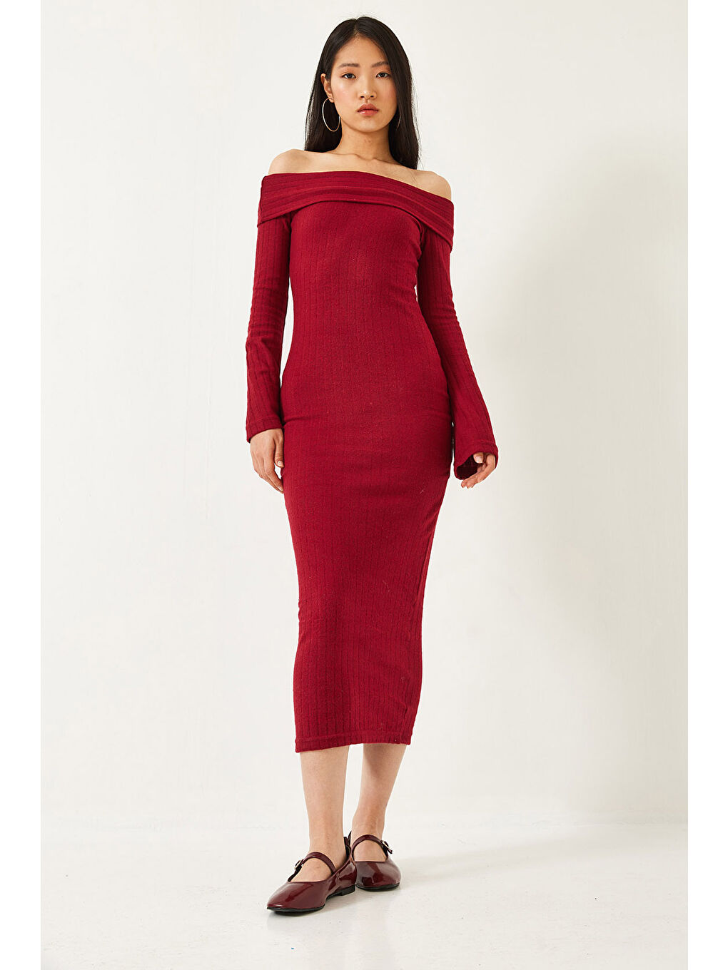 Bordo Kadın Madonna Yaka İspanyol Kol Fitilli Elbise-4