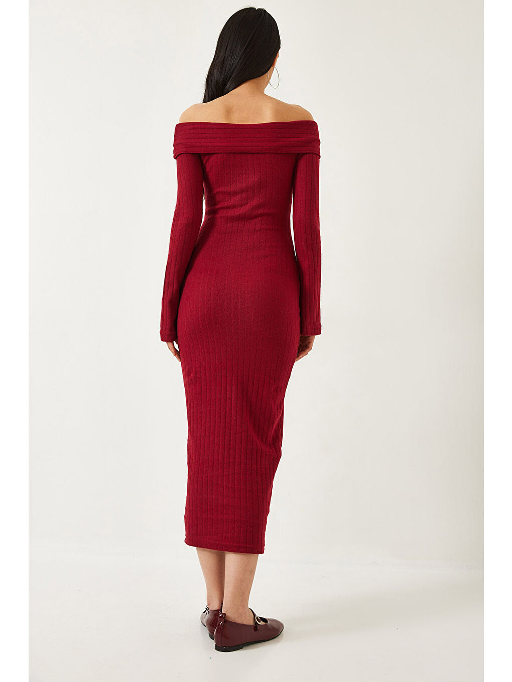 Bordo Kadın Madonna Yaka İspanyol Kol Fitilli Elbise-6