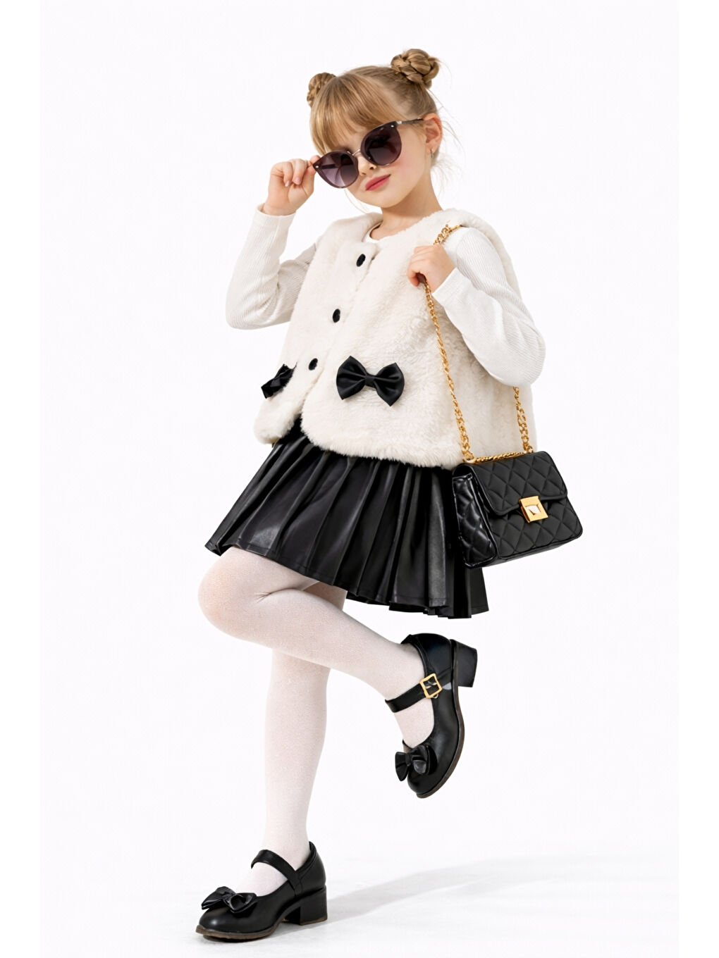 Siyah Kız Çocuk Pelüş Yelekli Deri Piliseli Etek 3 lü Set Takım Ak2601