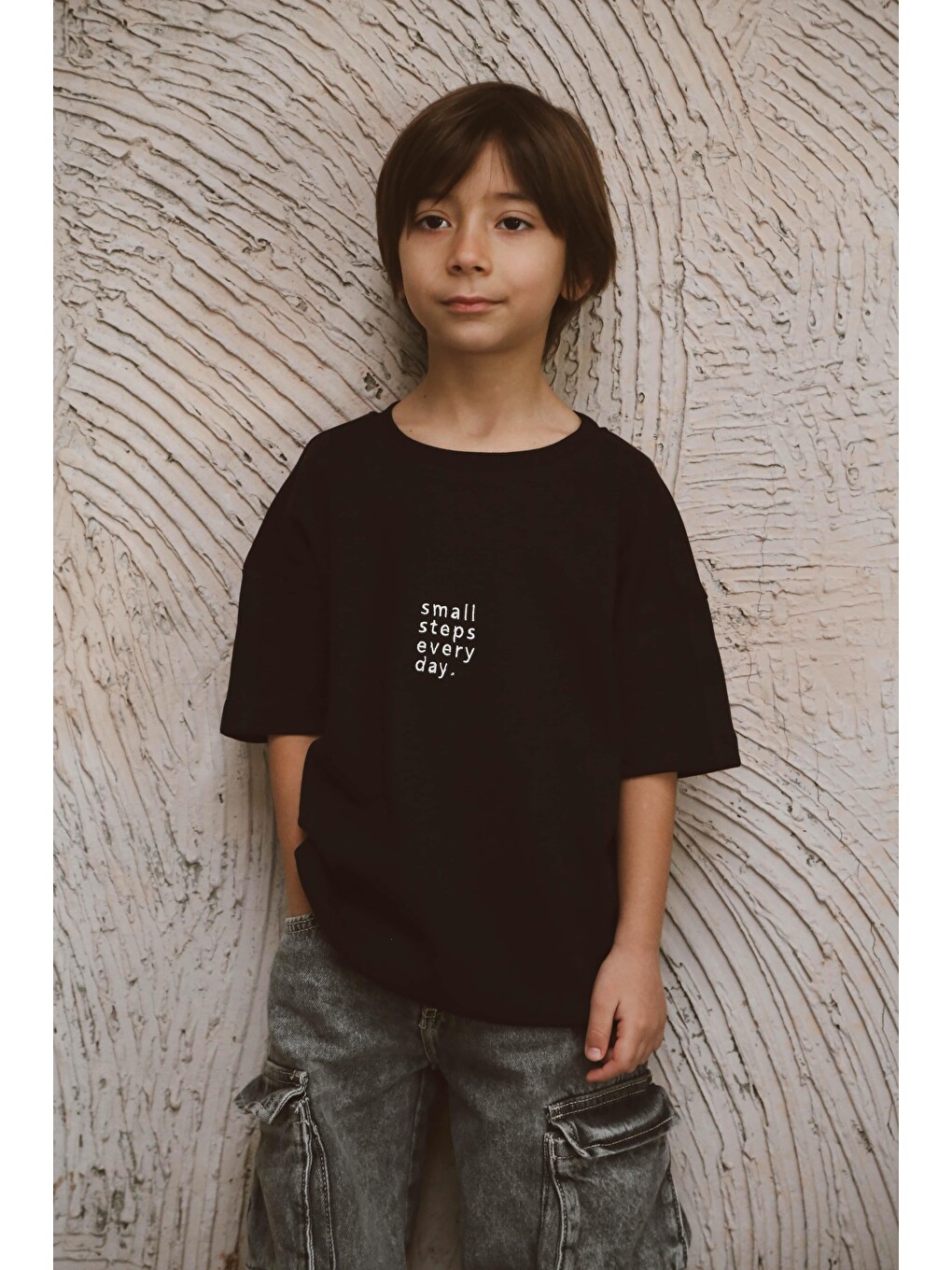 Siyah Bisiklet Yaka Oversize T-shirt Bebek - Çocuk-1