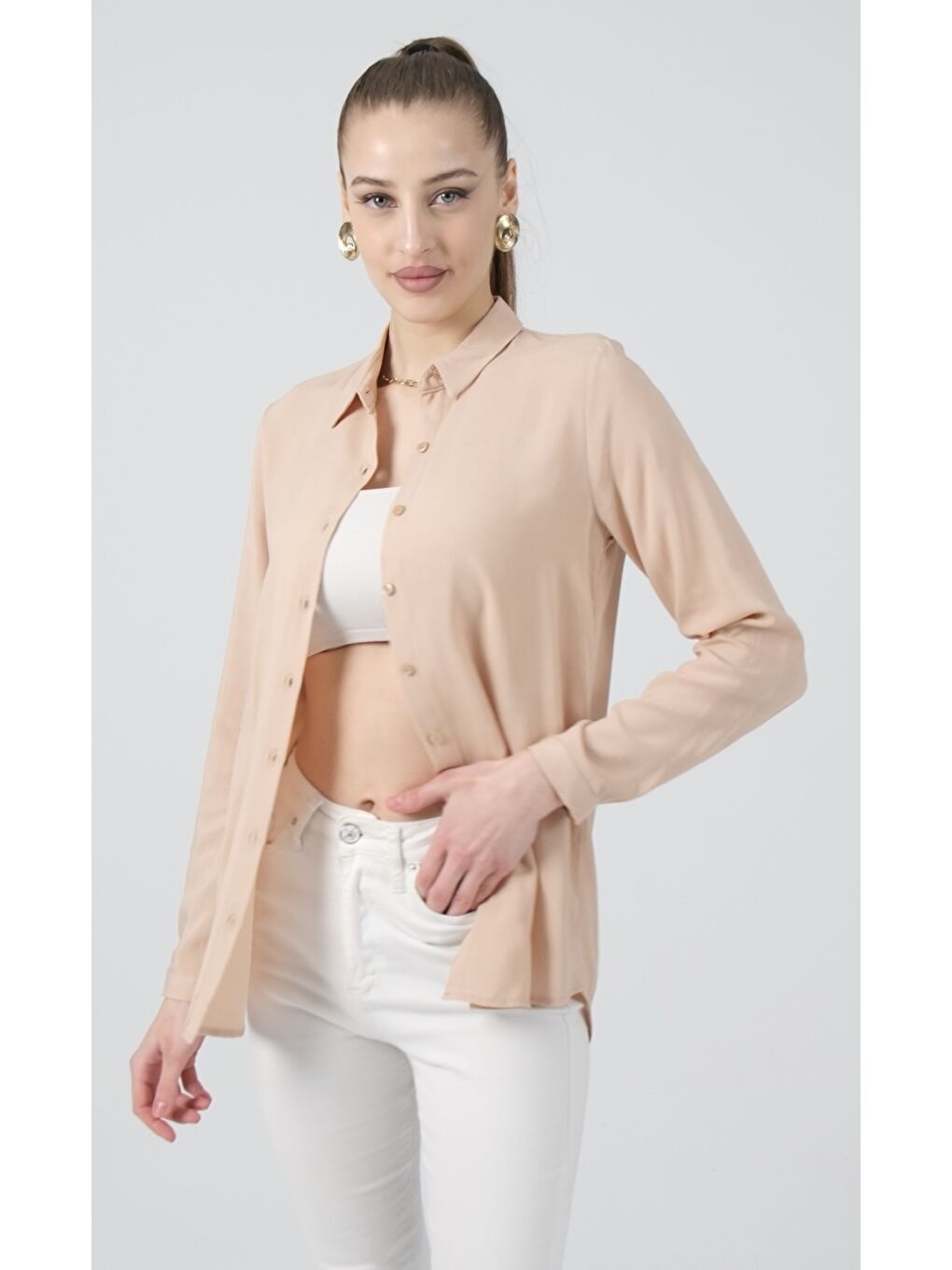 Bej Arkası Uzun Tiril Tiril Viskon Kadın Gömleği-3