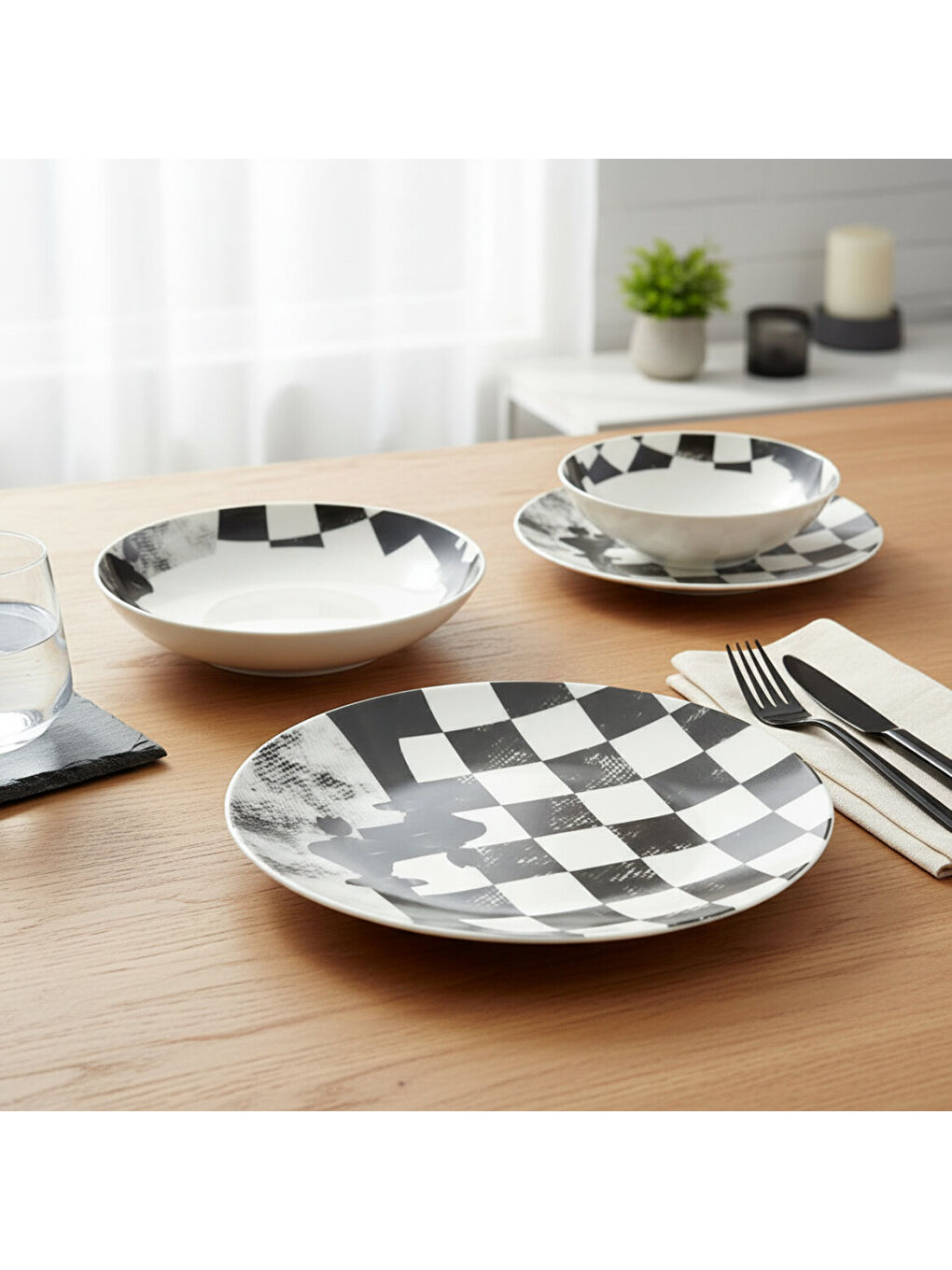 Ekru Camelia 4 Parça Sıngle Yemek Takımı Satranç Şah-1