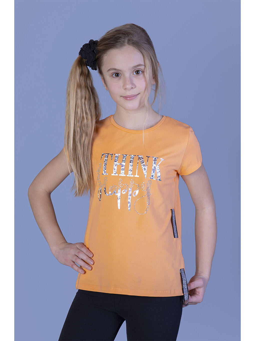Turuncu Kız Çocuk Baskılı Taş İşlemeli Yanı Şerit Detaylı Tişört