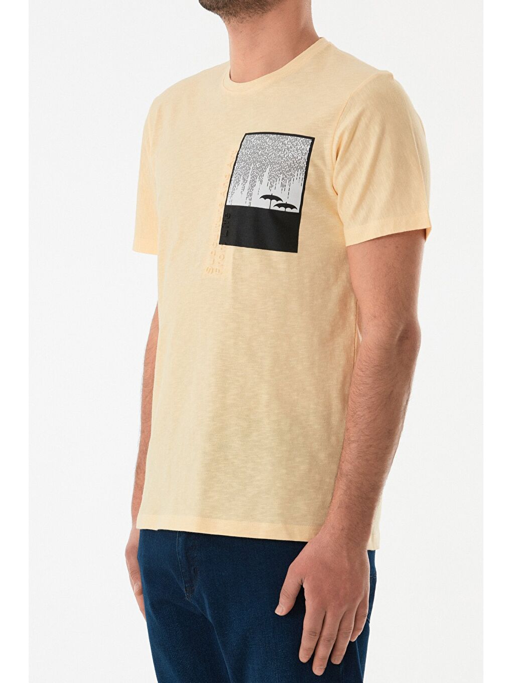 Sarı Grafik Baskılı Bisiklet Yaka Tişört-4