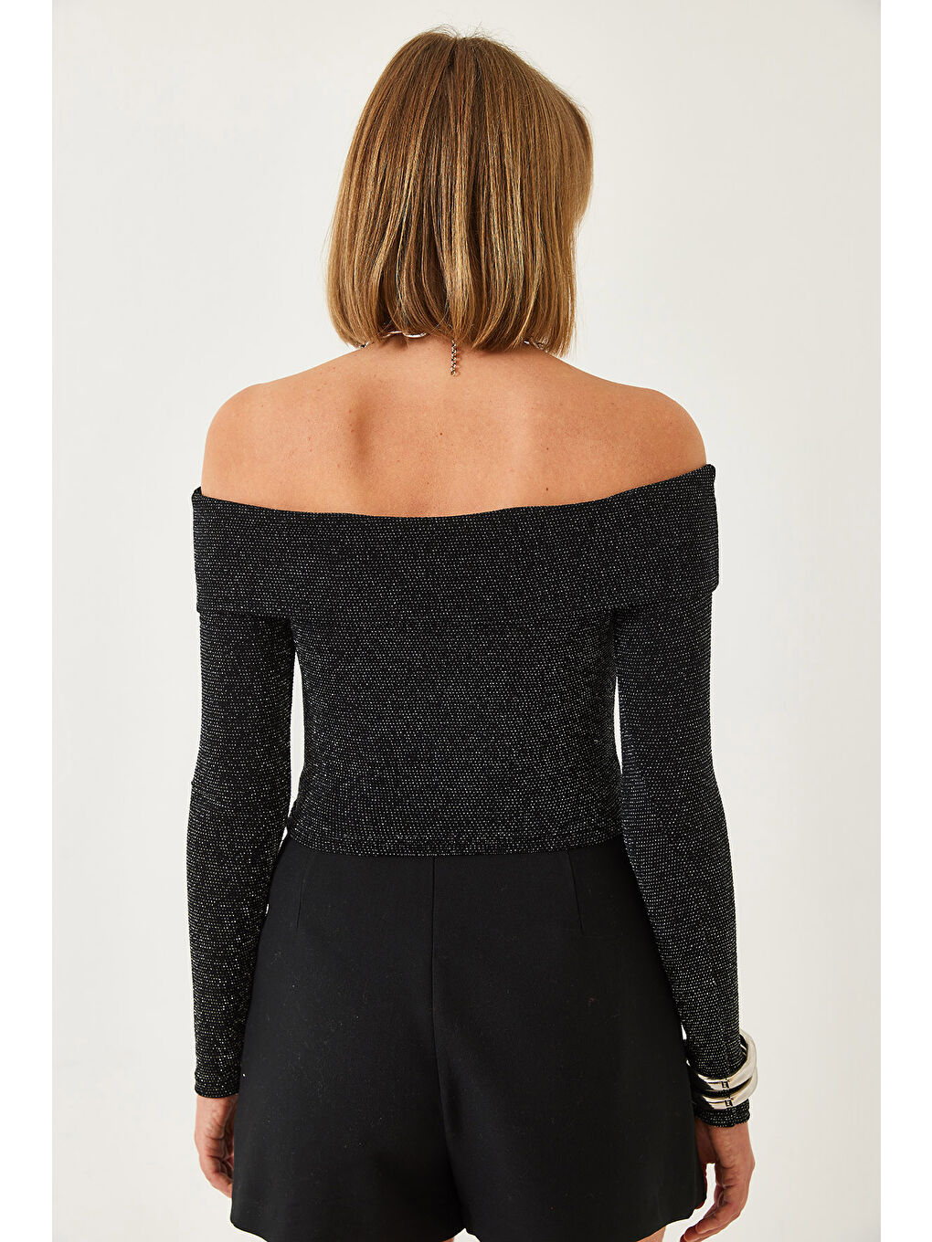 Siyah Kadın Madonna Yaka Simli Bluz-5