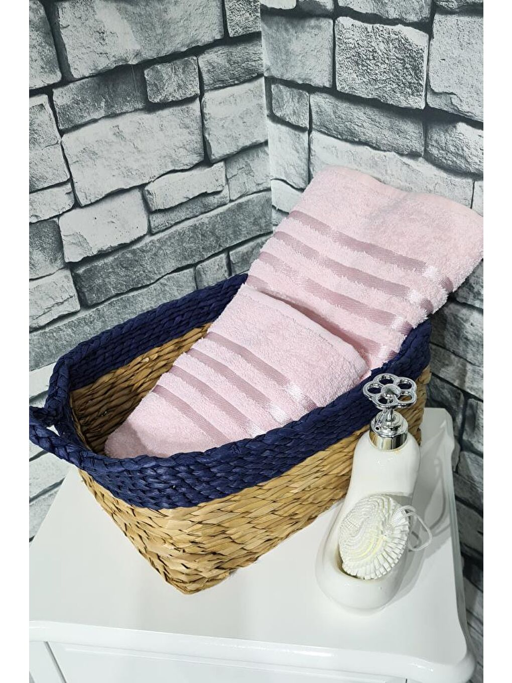 Pembe Plain %100 Pamuklu Jakarlı 2 Li Havlu Seti Pudra-2