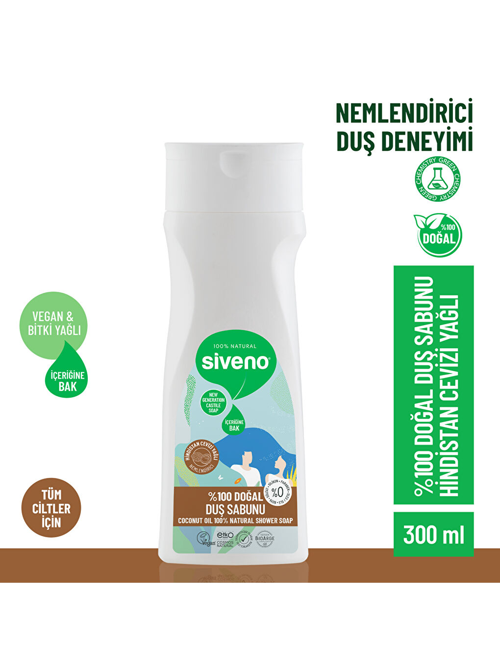 %100 Doğal Duş Sabunu Hindistan Cevizli Kokulu Nemlendirici Duş Jeli 5 Değerli Bitki Vegan 300 ml