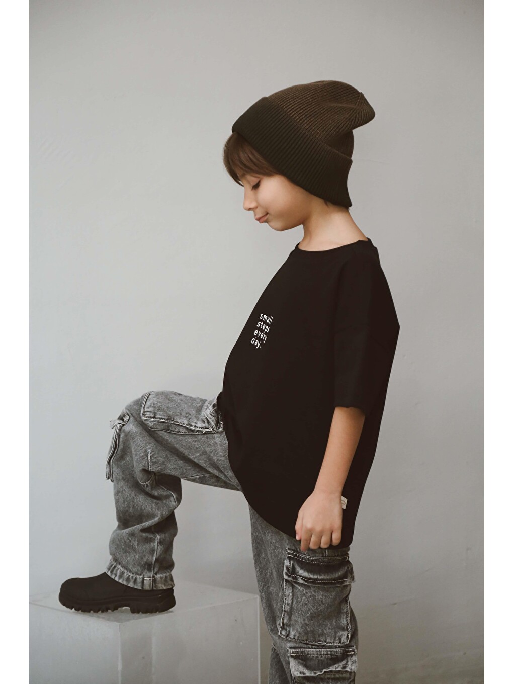 Siyah Bisiklet Yaka Oversize T-shirt Bebek - Çocuk-2
