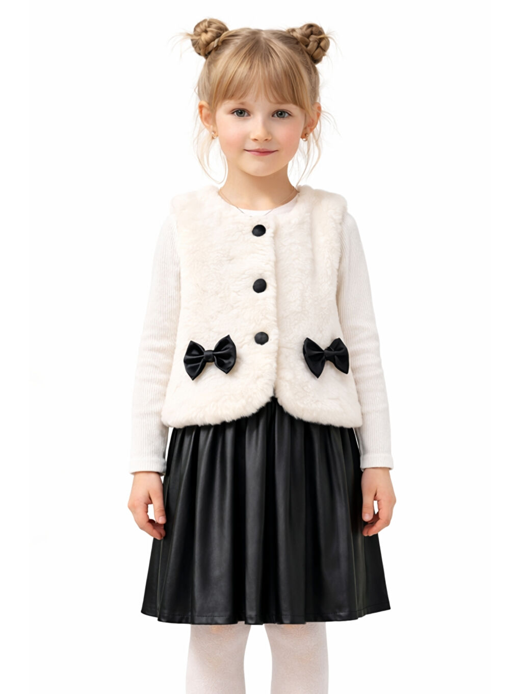 Siyah Kız Çocuk Pelüş Yelekli Deri Piliseli Etek 3 lü Set Takım Ak2601-2