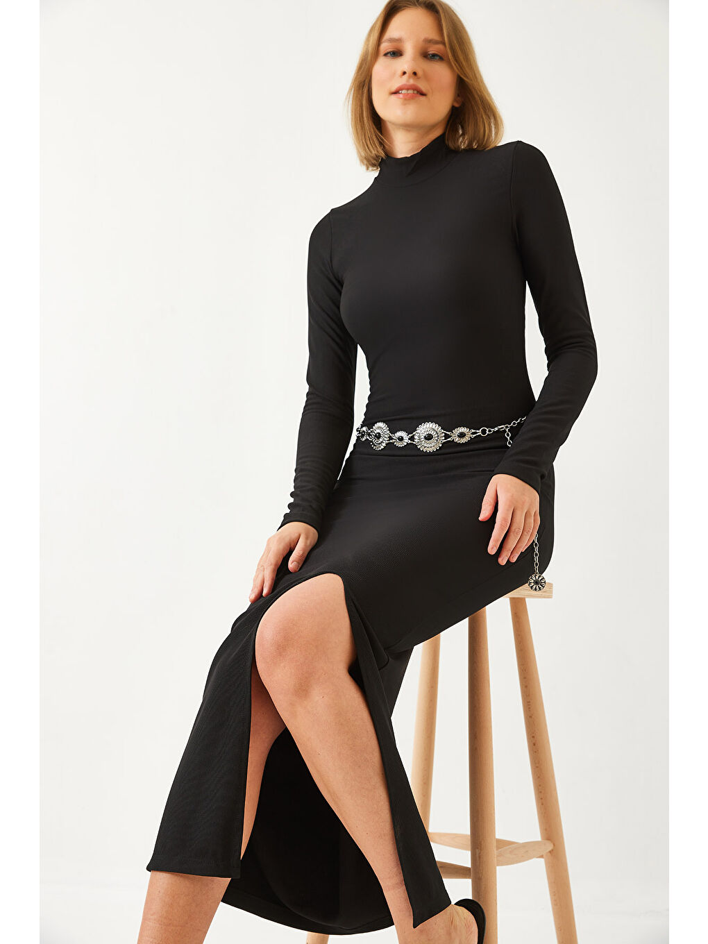 Siyah Kadın Yarım Balıkçı Yaka Ottoman Kumaş Uzun Elbise