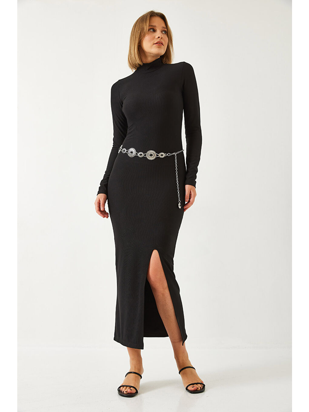 Siyah Kadın Yarım Balıkçı Yaka Ottoman Kumaş Uzun Elbise-1