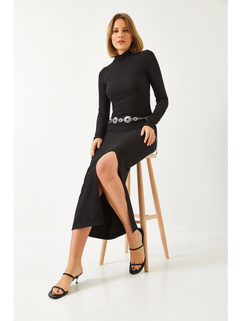 Siyah Kadın Yarım Balıkçı Yaka Ottoman Kumaş Uzun Elbise-2