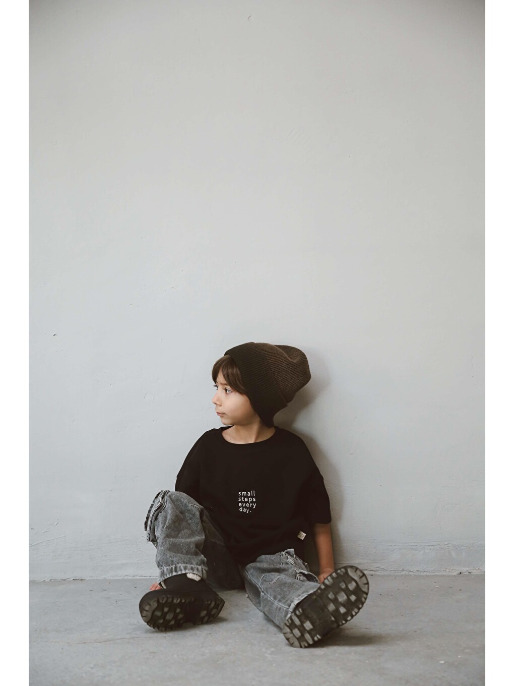 Siyah Bisiklet Yaka Oversize T-shirt Bebek - Çocuk-3