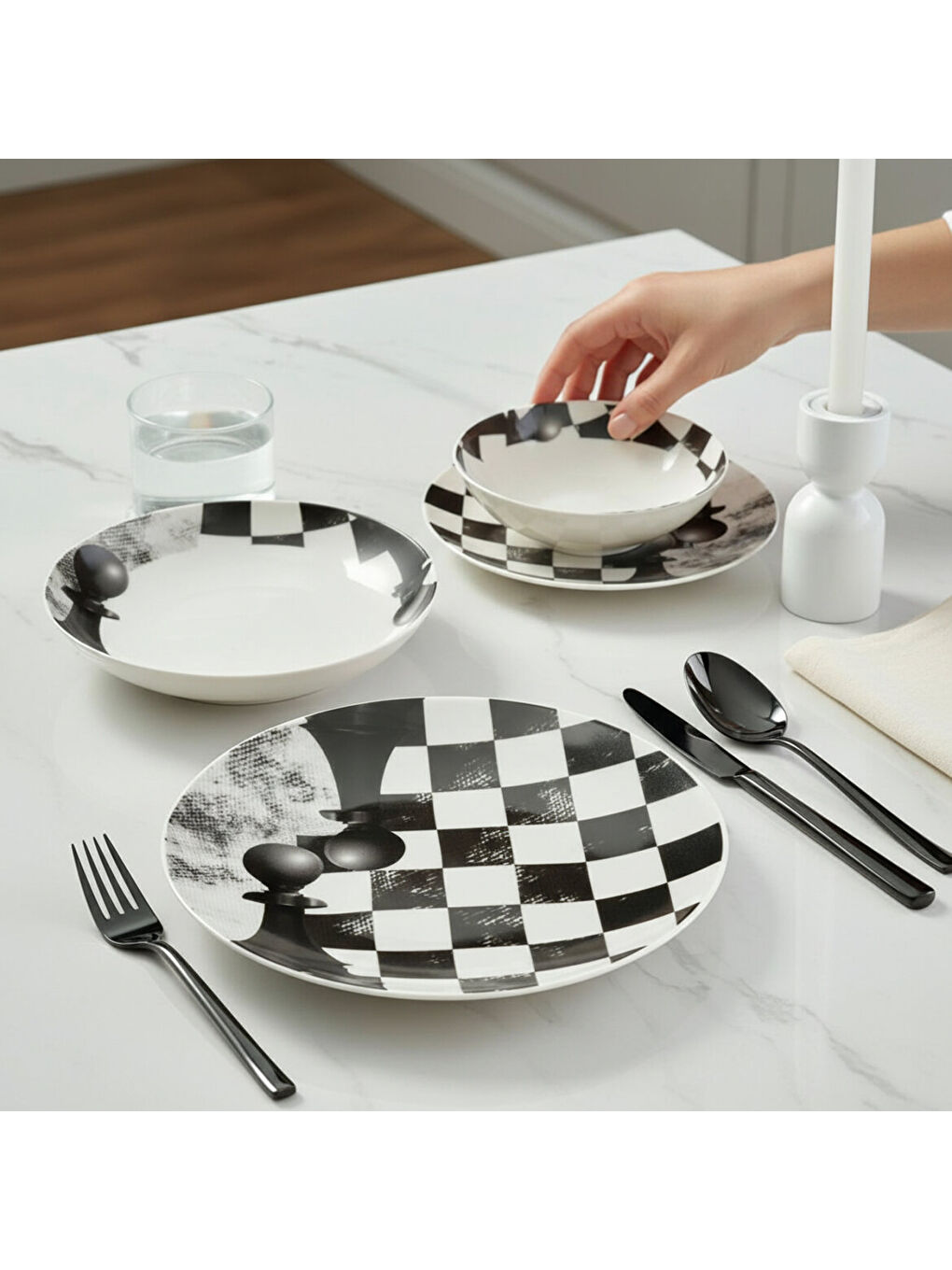 Ekru Camelia 4 Parça Sıngle Yemek Takımı Satranç Piyon