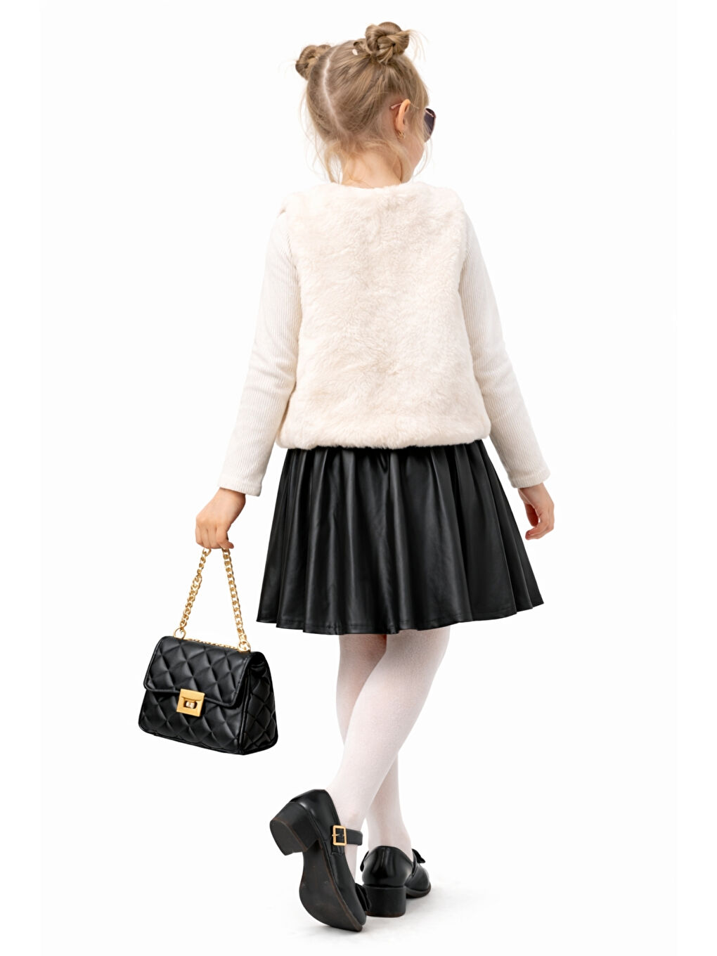 Siyah Kız Çocuk Pelüş Yelekli Deri Piliseli Etek 3 lü Set Takım Ak2601-3