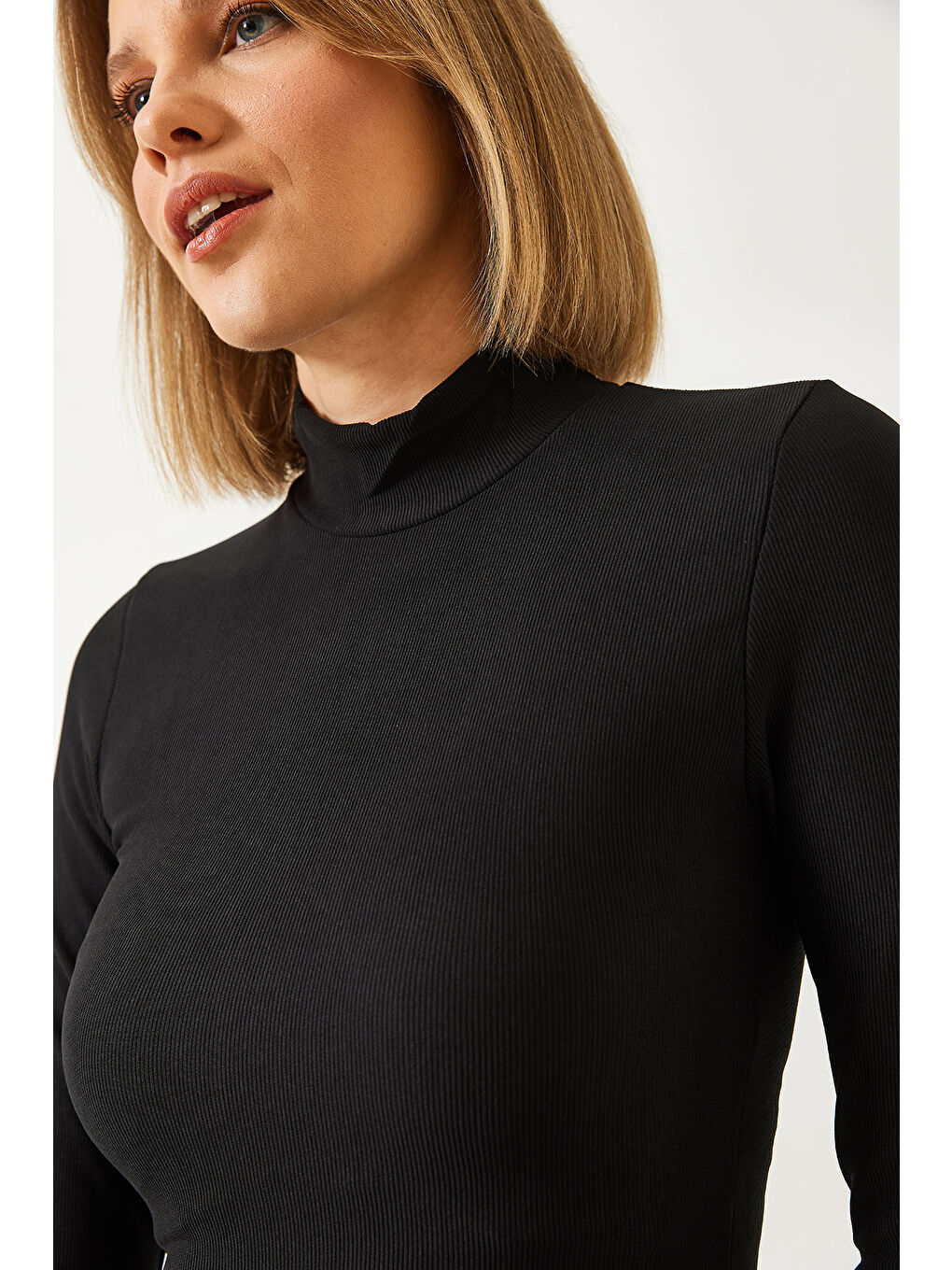 Siyah Kadın Yarım Balıkçı Yaka Ottoman Kumaş Uzun Elbise-4