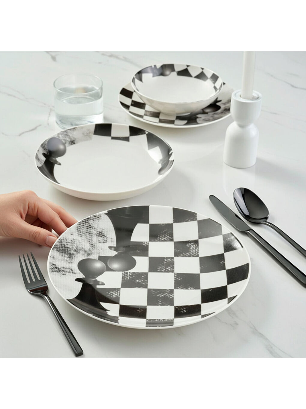 Ekru Camelia 4 Parça Sıngle Yemek Takımı Satranç Piyon-1