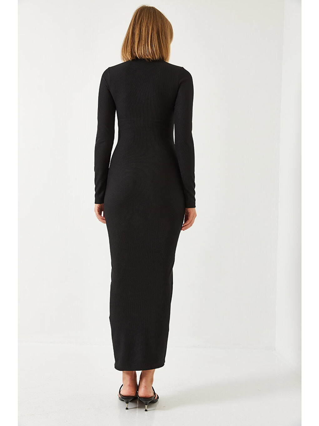 Siyah Kadın Yarım Balıkçı Yaka Ottoman Kumaş Uzun Elbise-5