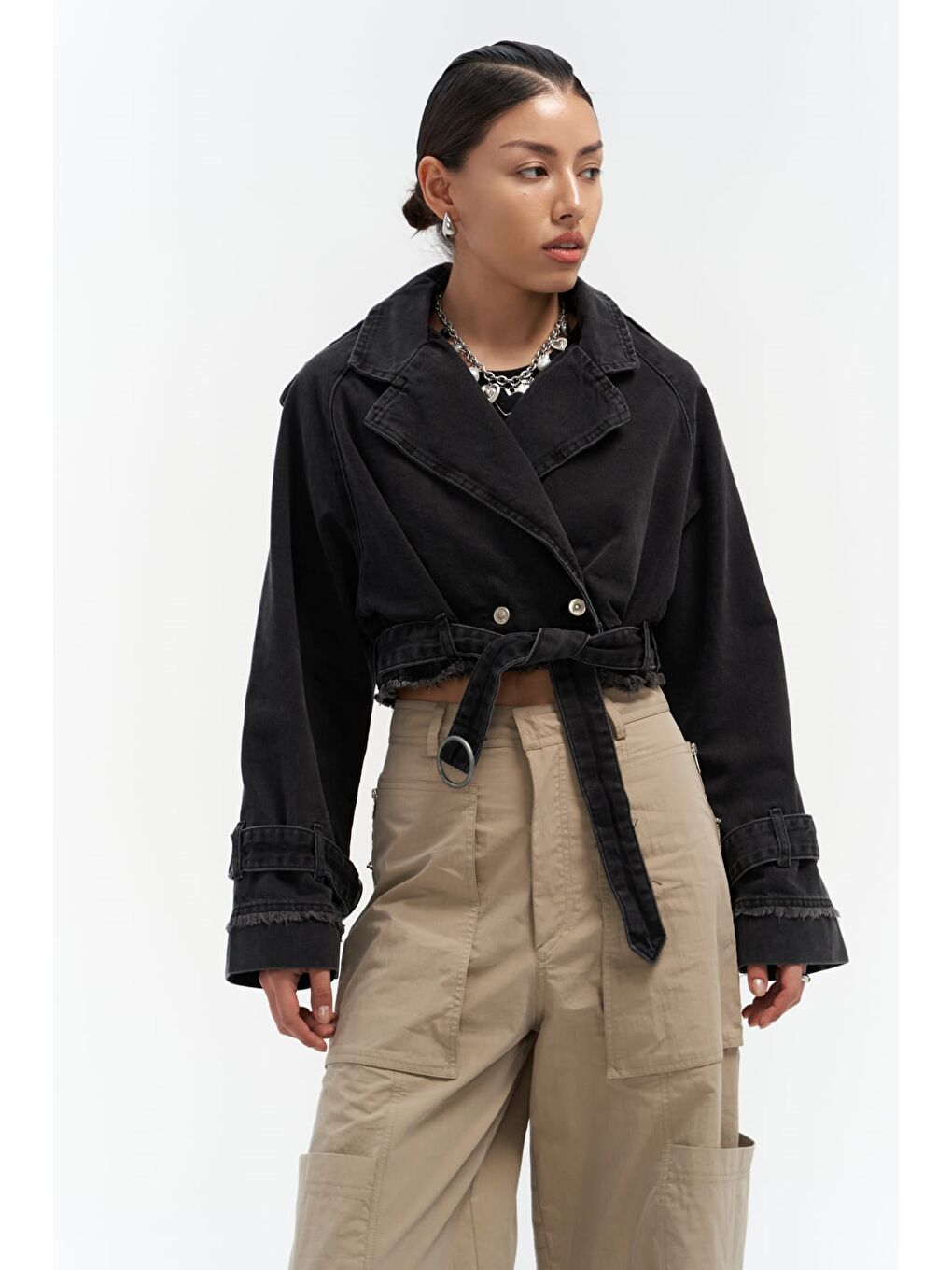 Gri Baggy Füme Biker Jean Ceket