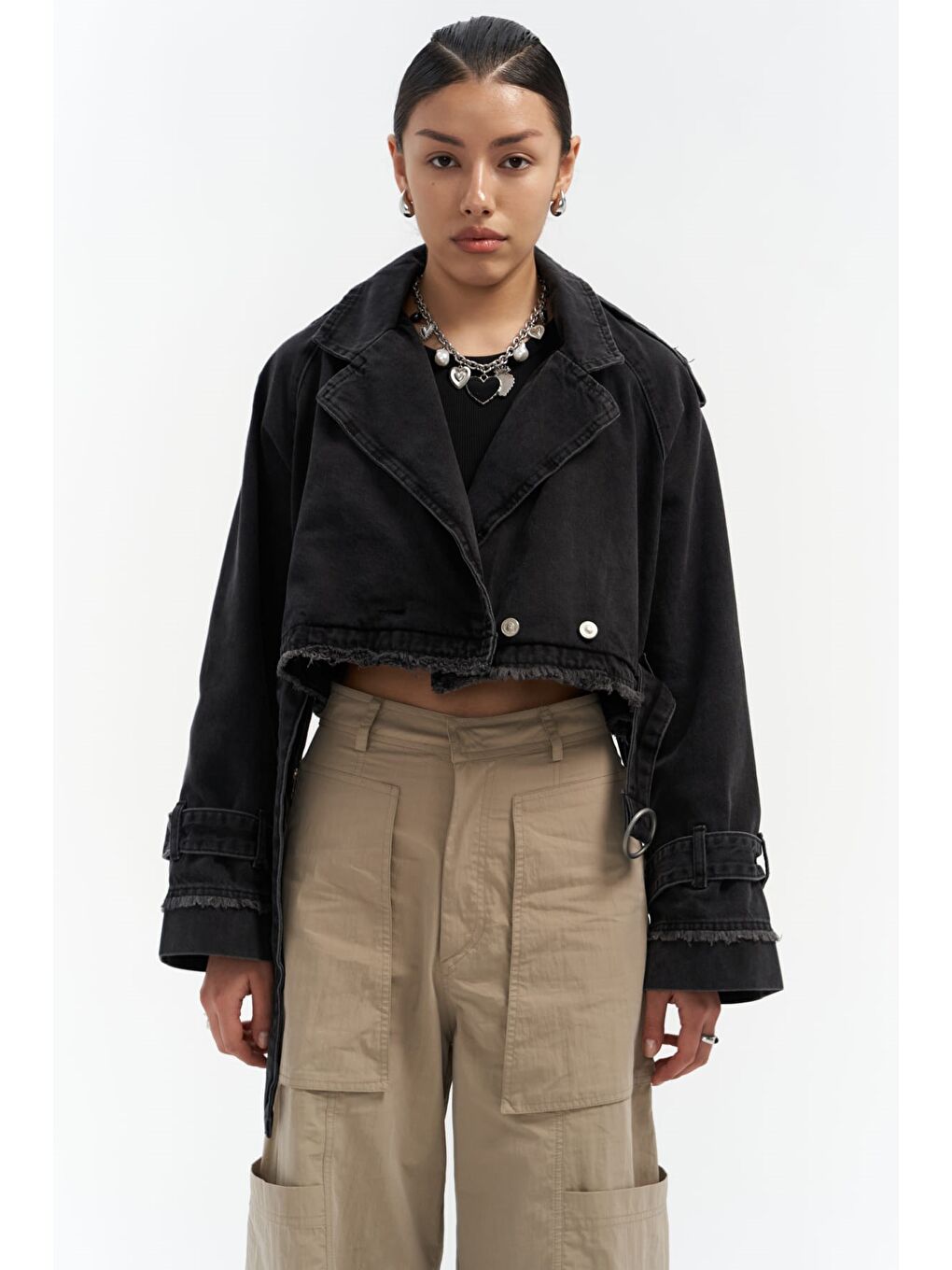 Gri Baggy Füme Biker Jean Ceket-1