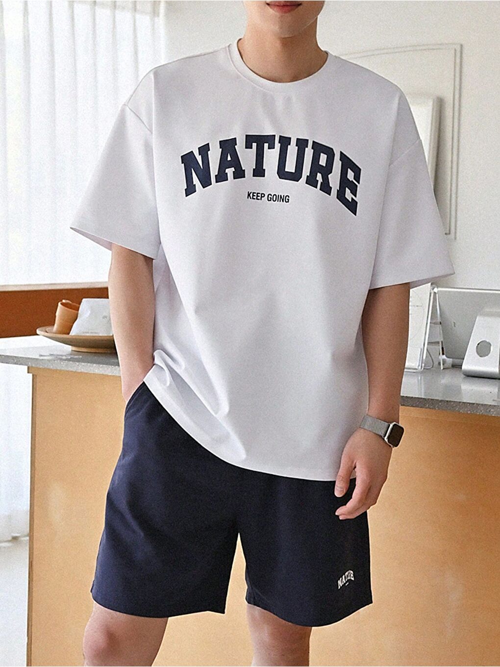 Beyaz Erkek Tişört Baskılı Oversize T-shirt Pamuklu Tişört NATURE-OVERSİZE