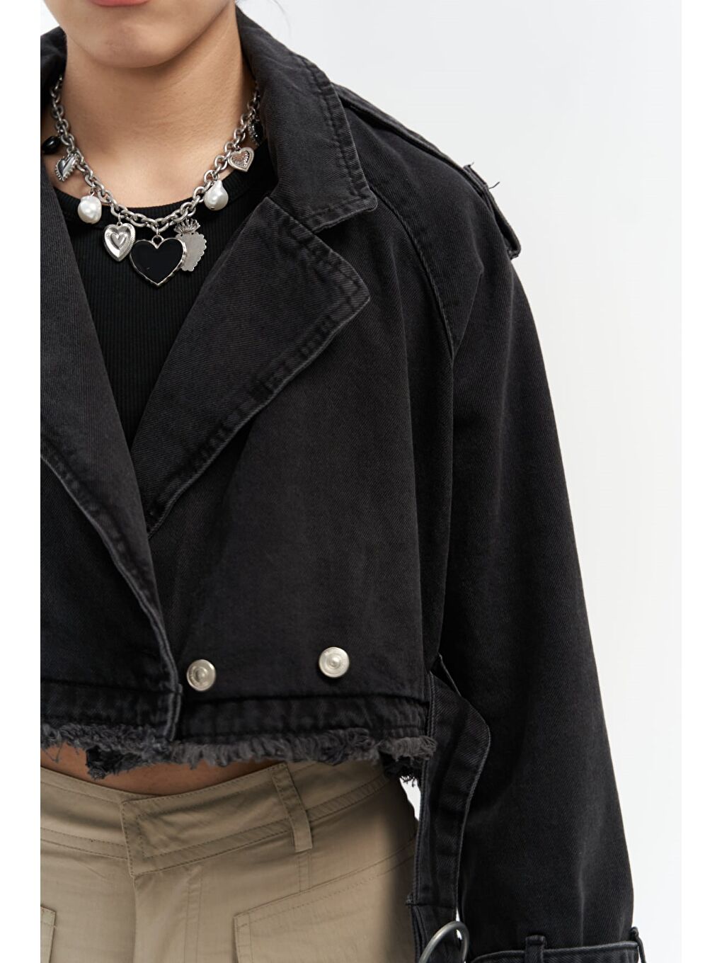 Gri Baggy Füme Biker Jean Ceket-3