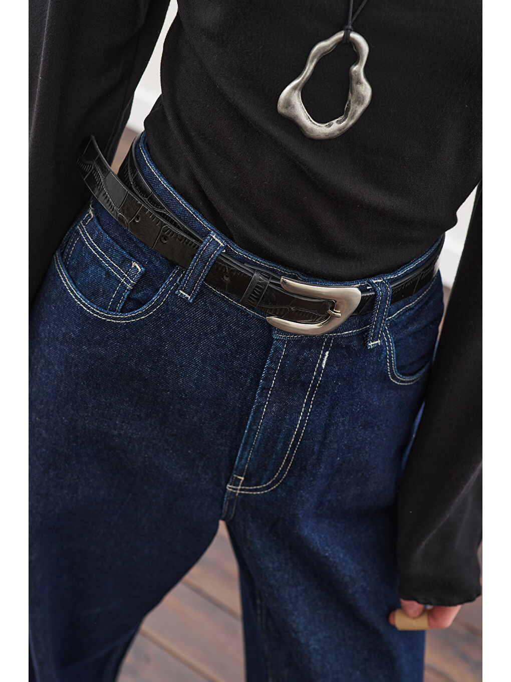 Timsah Deri Görünümlü Kemer Siyah-2