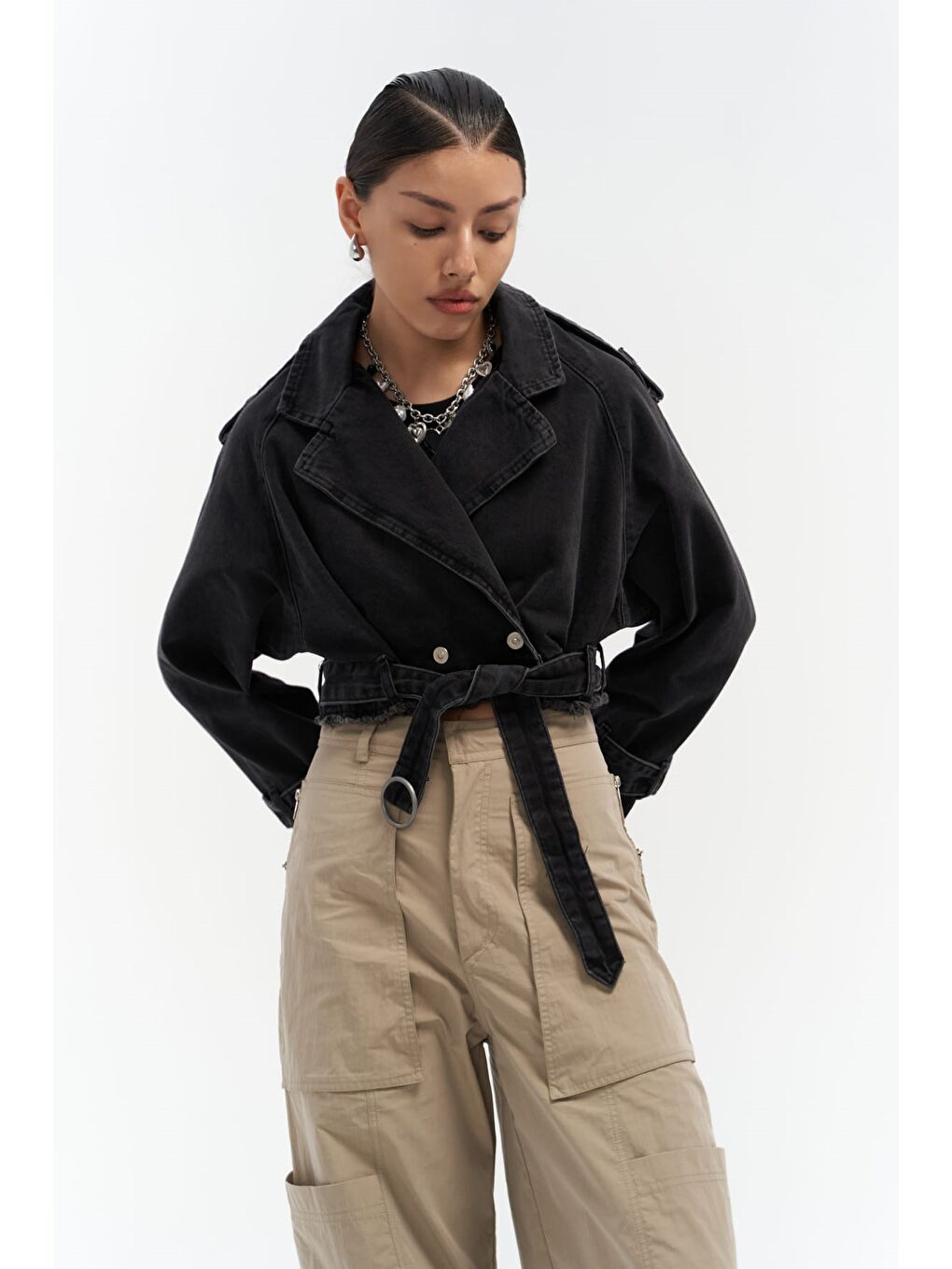 Gri Baggy Füme Biker Jean Ceket-4