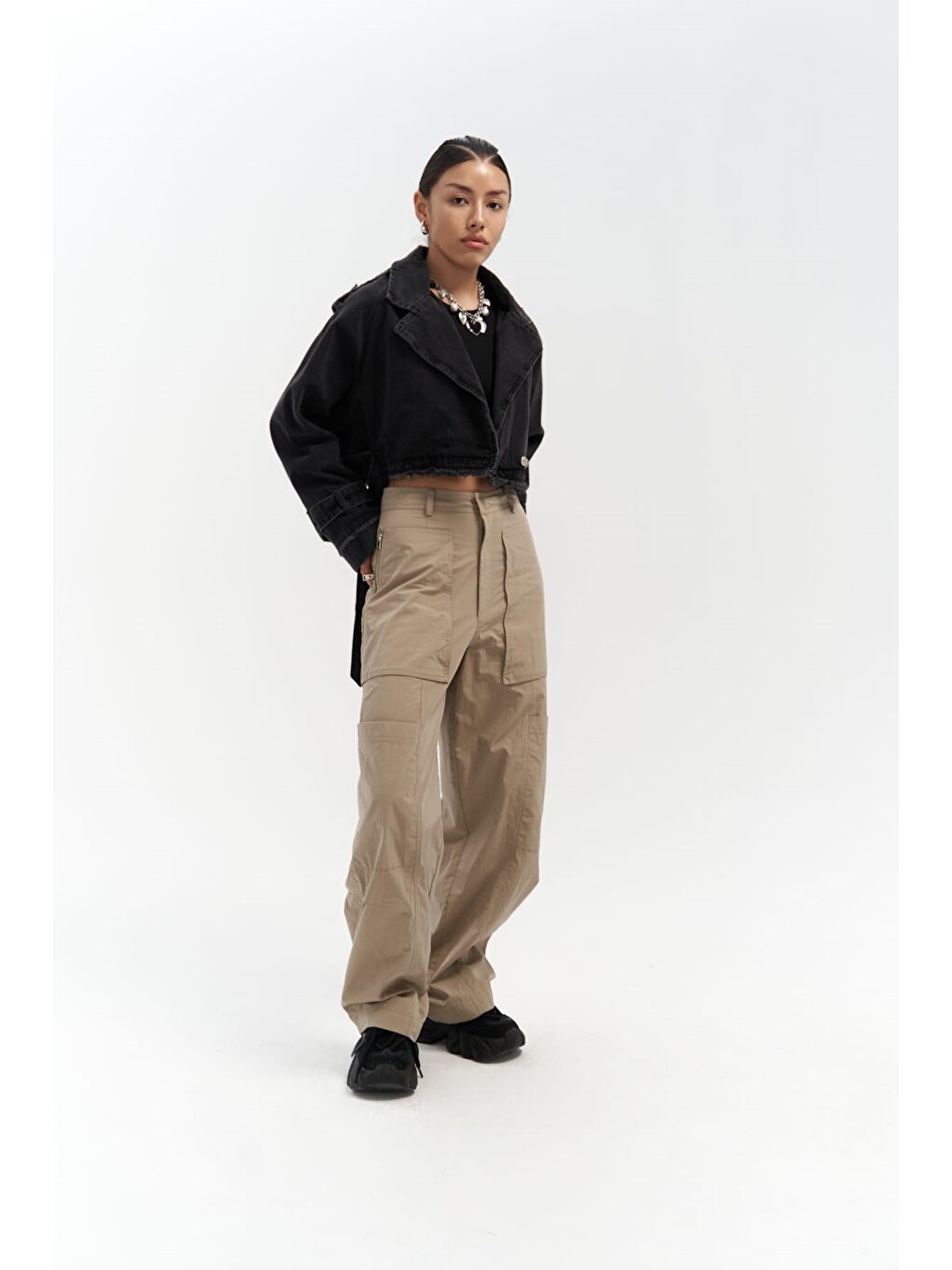 Gri Baggy Füme Biker Jean Ceket-5