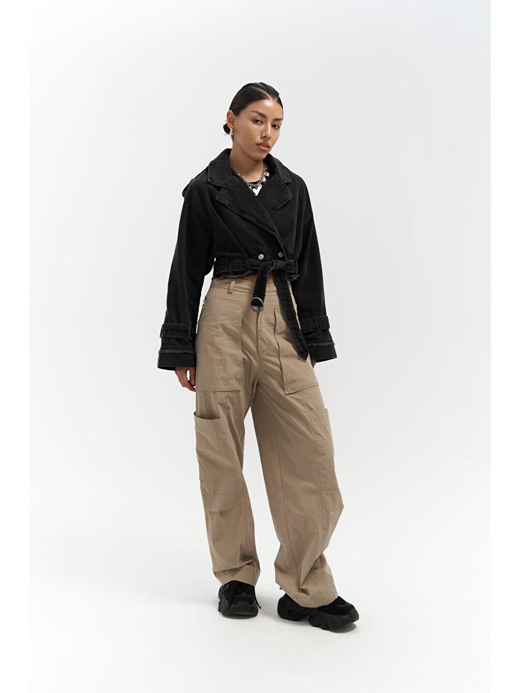 Gri Baggy Füme Biker Jean Ceket-6