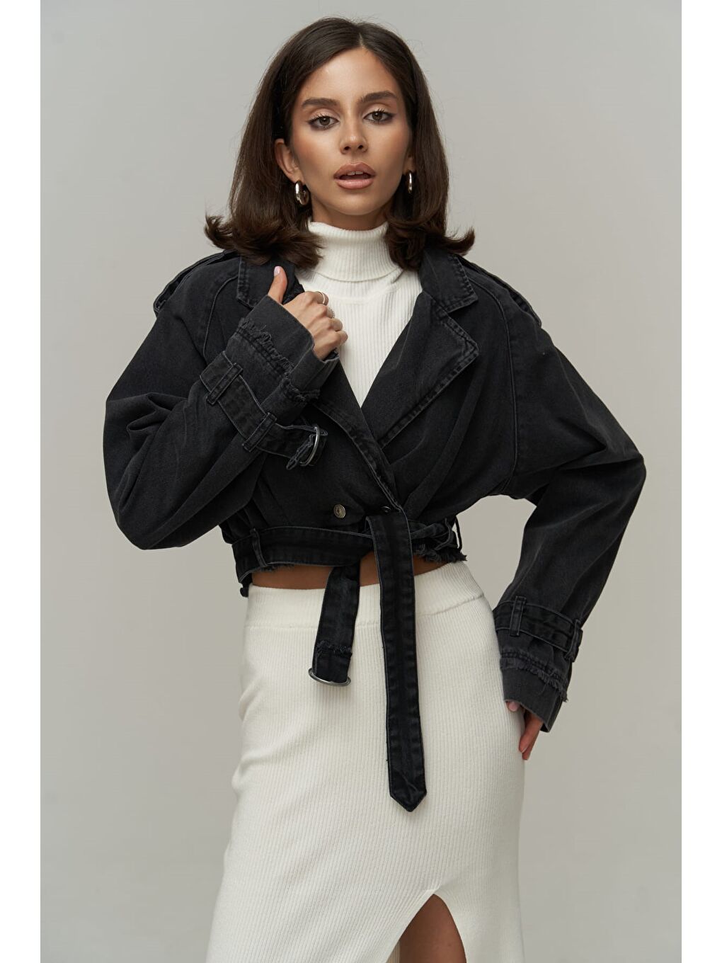 Gri Baggy Füme Biker Jean Ceket-7