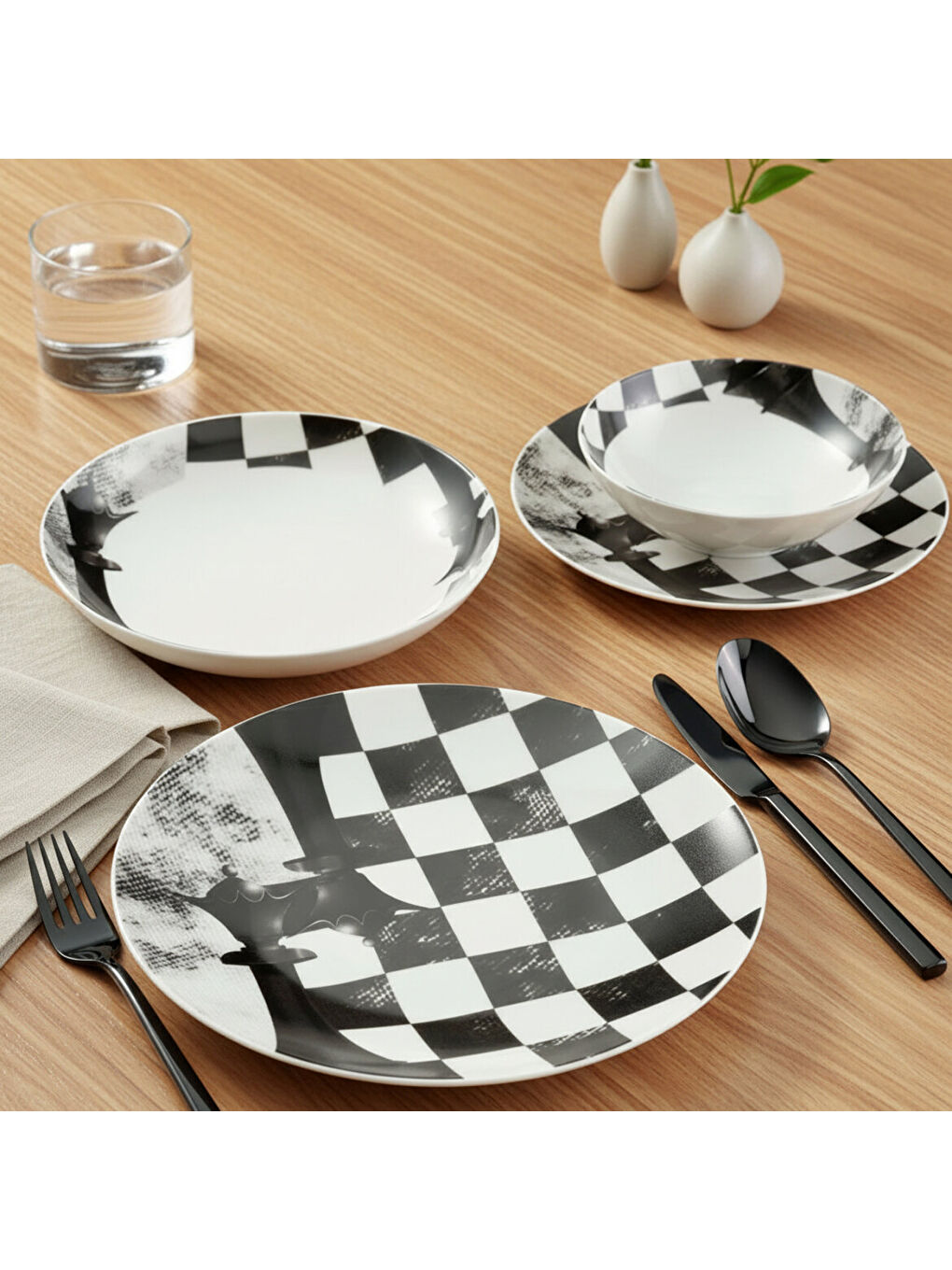 Ekru Camelia 4 Parça Sıngle Yemek Takımı Satranç Vezir