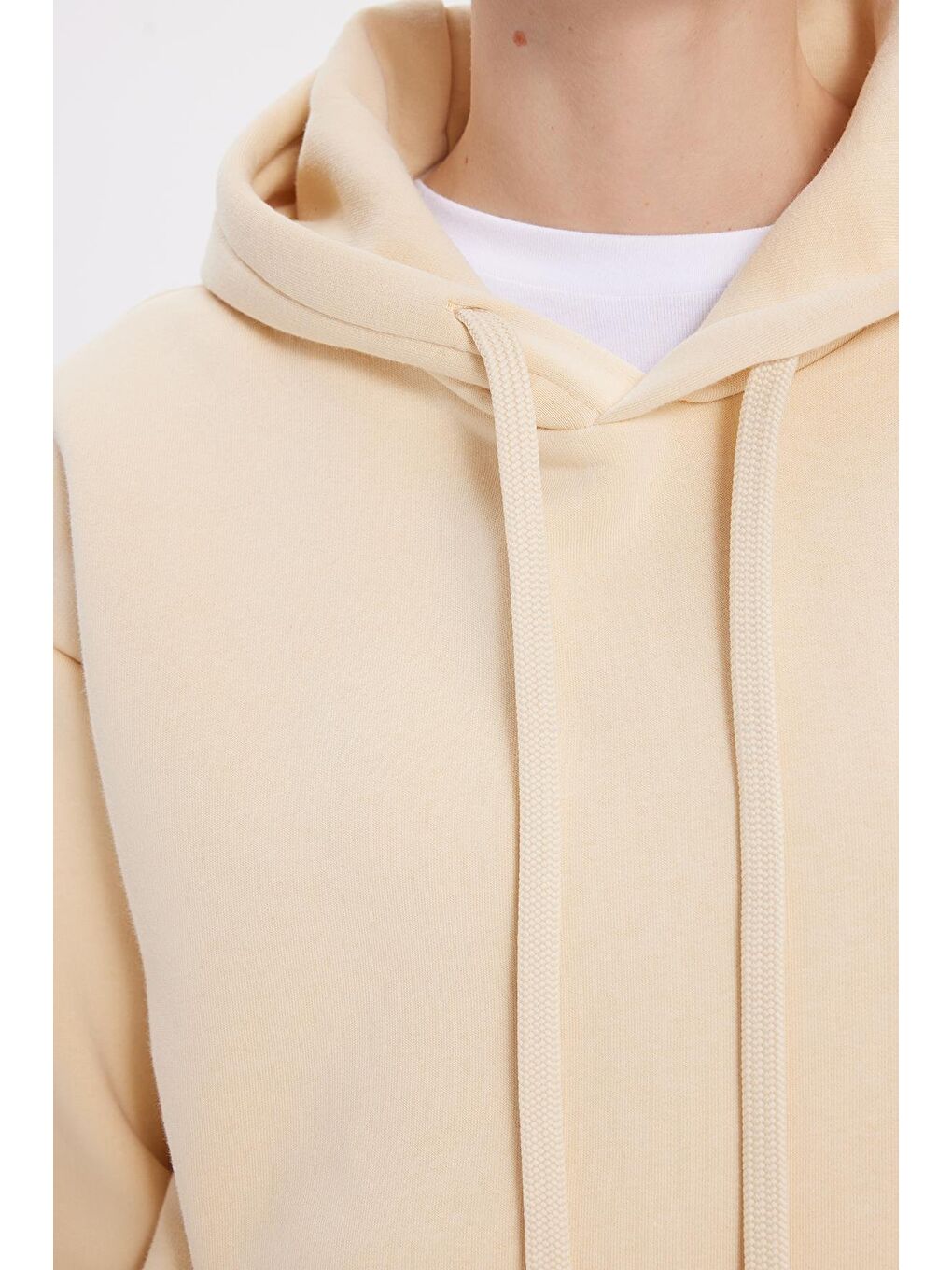Kadın Oversize Geniş Kesim Pamuklu Yumuşak Dokulu İçi Polarlı Basic Bej Kapüşonlu Sweatshirt-2