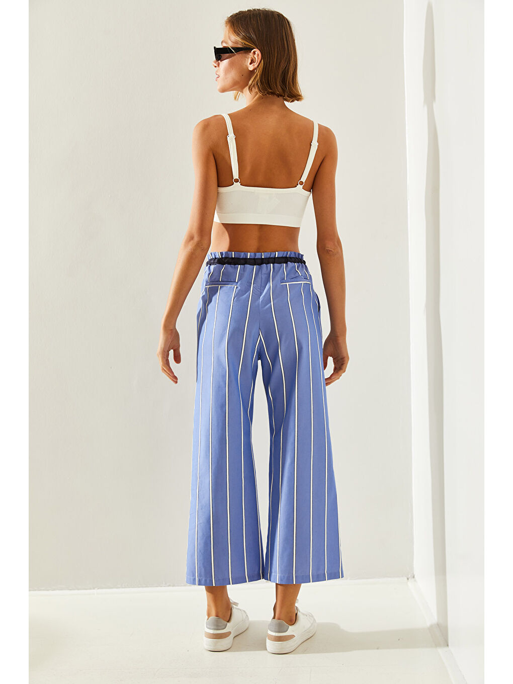 Mavi Çizgili Lastik Bel Bağlamalı Palazzo Pantolon-2