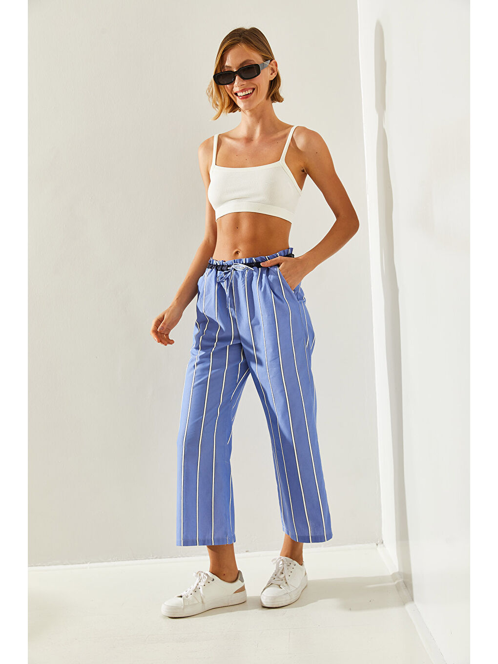 Mavi Çizgili Lastik Bel Bağlamalı Palazzo Pantolon-5
